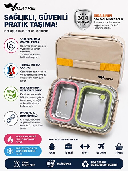 Valkyrie 2 Bölmeli 304 Paslanmaz Çelik Sızdırmaz Termal Çantalı Renkli Yemek Taşıma Kabı