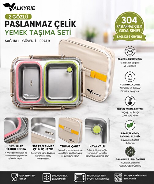 Valkyrie 2 Bölmeli 304 Paslanmaz Çelik Sızdırmaz Termal Çantalı Renkli Yemek Taşıma Kabı