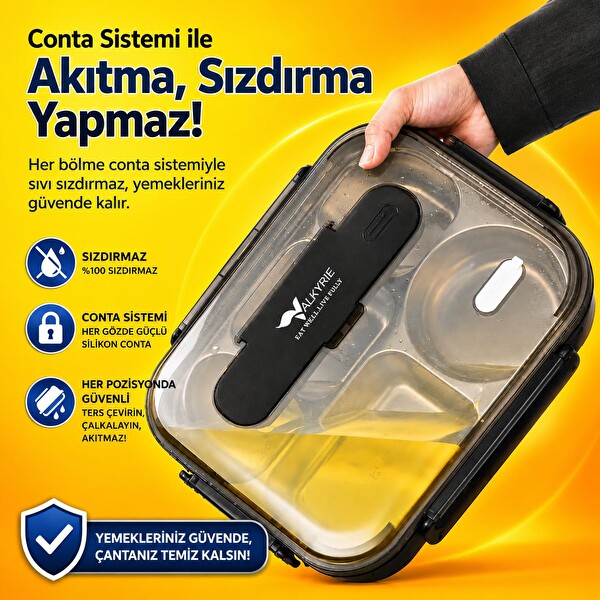 Valkyrie 304 Paslanmaz Çelik 5 Bölmeli 2400 ML Termal Taşıma Çantalı Çatal Kaşık Dahil Sızdırmaz Siyah Yemek Kabı