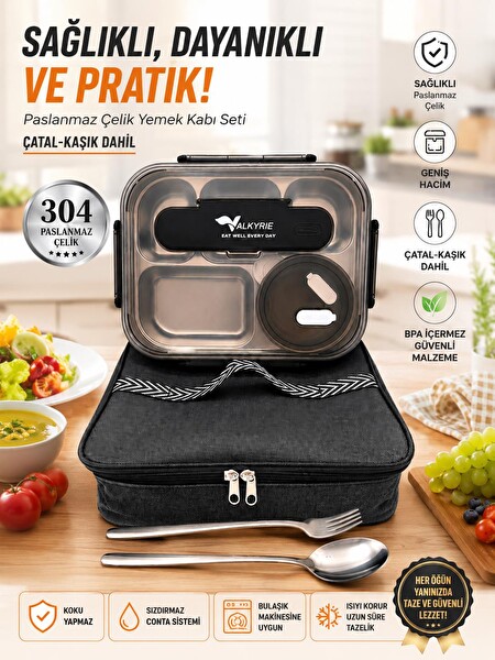 Valkyrie 304 Paslanmaz Çelik 5 Bölmeli 2400 ML Termal Taşıma Çantalı Çatal Kaşık Dahil Sızdırmaz Siyah Yemek Kabı