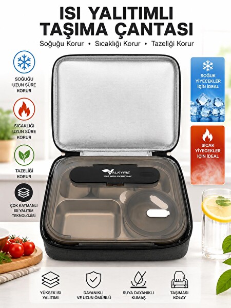 Valkyrie 304 Paslanmaz Çelik 5 Bölmeli 2400 ML Termal Taşıma Çantalı Çatal Kaşık Dahil Sızdırmaz Siyah Yemek Kabı
