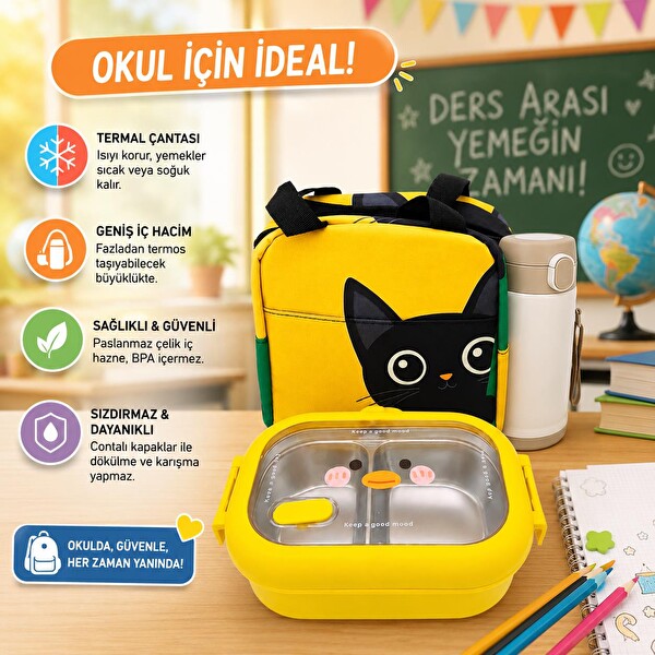 Valkyrie 304 Paslanmaz Çelik 2 Bölmeli Kedili Termal Çantalı Çocuk Beslenme Kabı