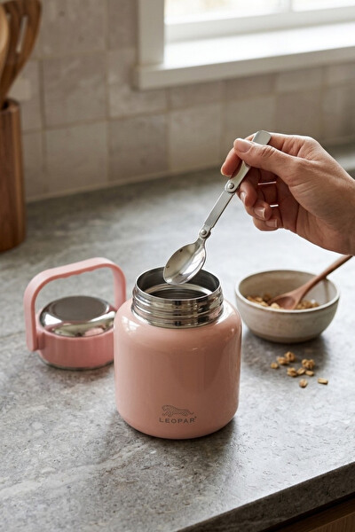 Cooker Leopar 900 ML Kaşıklı Yemek Termosu Pembe YK1517