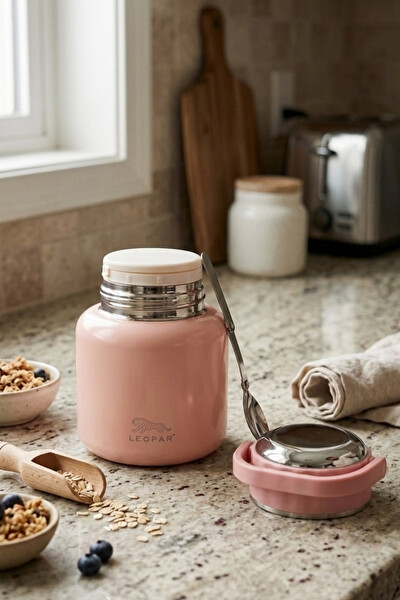 Cooker Leopar 900 ML Kaşıklı Yemek Termosu Pembe YK1517