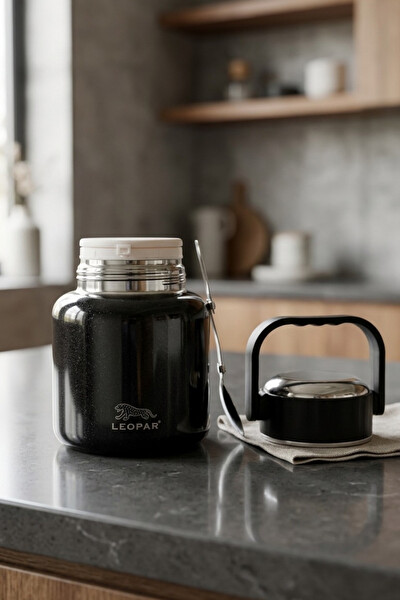 Cooker Leopar 900 ML Kaşıklı Yemek Termosu Siyah YK1517