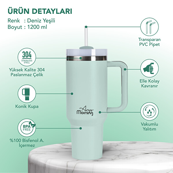 Any Morning Vaha SI2440217 1200 ML Üç Kademe Çevirmeli Kapaklı Çift Katman Çelik Termos Su Yeşili