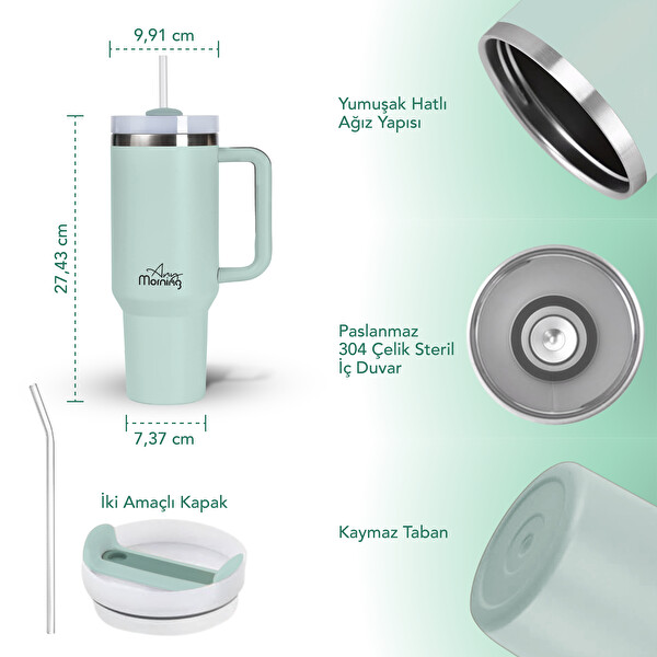 Any Morning Vaha SI2440217 1200 ML Üç Kademe Çevirmeli Kapaklı Çift Katman Çelik Termos Su Yeşili