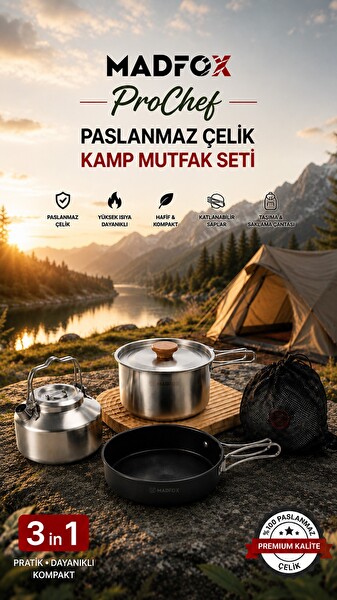 Madfox ProChef 3'ü 1 Arada Paslanmaz Çelik Kamp Mutfak Seti