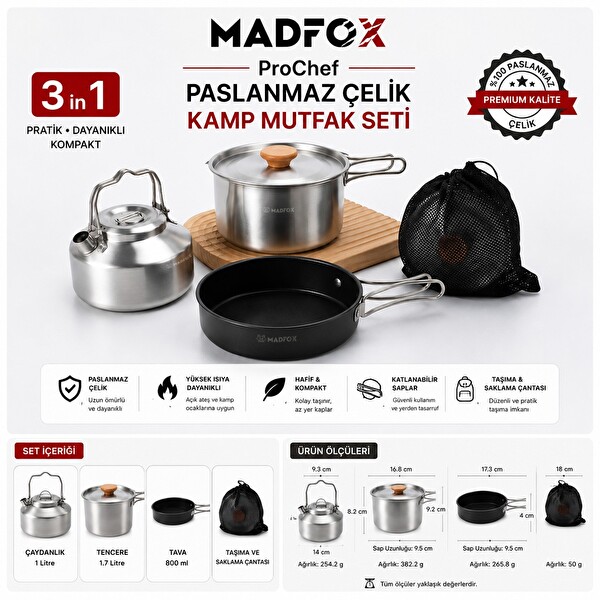 Madfox ProChef 3'ü 1 Arada Paslanmaz Çelik Kamp Mutfak Seti