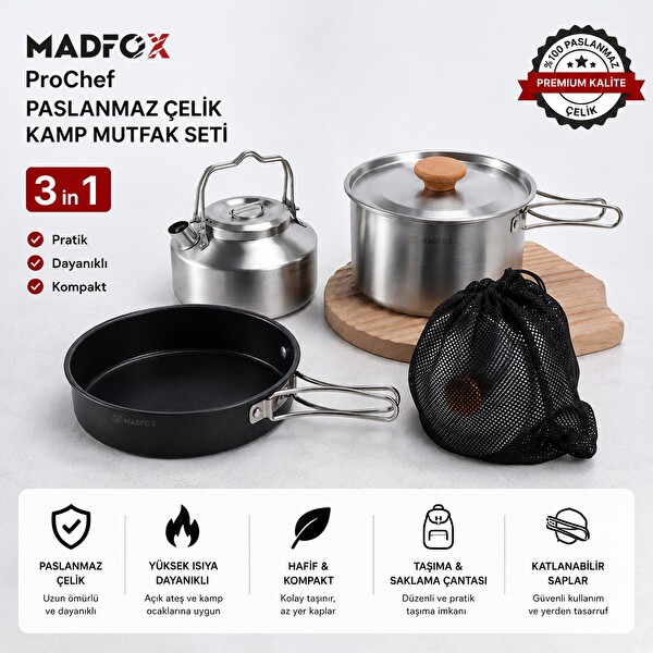 Madfox ProChef 3'ü 1 Arada Paslanmaz Çelik Kamp Mutfak Seti