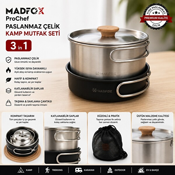 Madfox ProChef 3'ü 1 Arada Paslanmaz Çelik Kamp Mutfak Seti