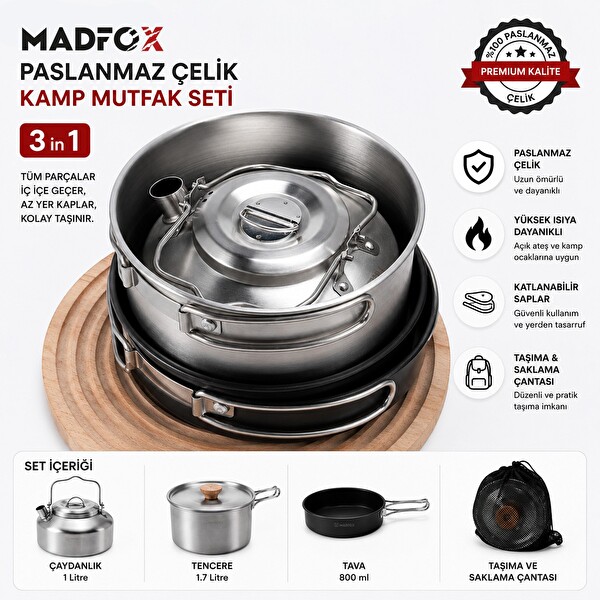 Madfox ProChef 3'ü 1 Arada Paslanmaz Çelik Kamp Mutfak Seti