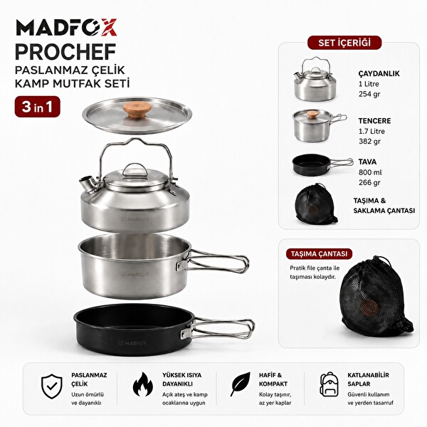 Madfox ProChef 3'ü 1 Arada Paslanmaz Çelik Kamp Mutfak Seti