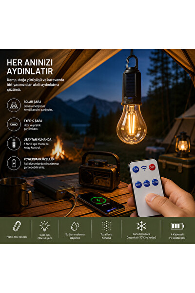 Piyatech Güneş Enerjili Type-C Şarjlı Uzaktan Kumandalı Kamp Lambası
