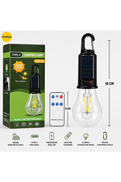 Piyatech Güneş Enerjili Type-C Şarjlı Kamp Uzaktan Kumandalı Çadır Lambası 18 CM