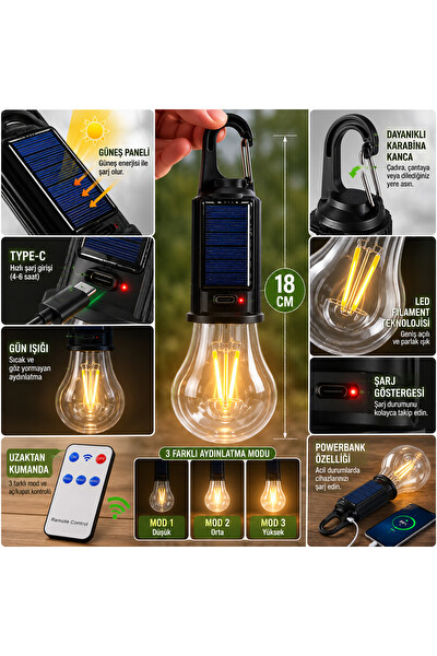 Piyatech Güneş Enerjili Type-C Şarjlı Kamp Uzaktan Kumandalı Çadır Lambası 18 CM