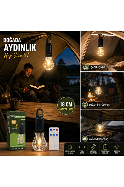 Piyatech Güneş Enerjili Type-C Şarjlı Kamp Uzaktan Kumandalı Çadır Lambası 18 CM
