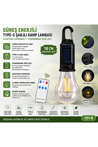 Piyatech Güneş Enerjili Type-C Şarjlı Kamp Uzaktan Kumandalı Çadır Lambası 18 CM