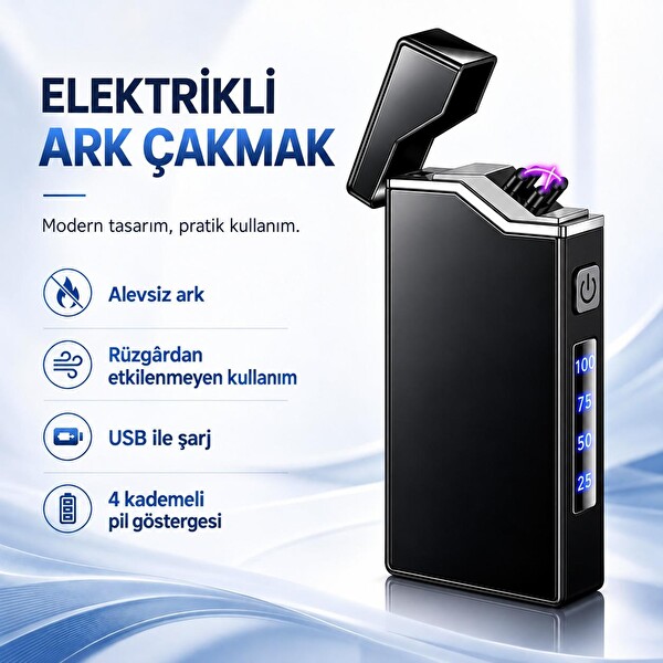 Valkyrie X9 USB Şarjlı Elektronik Ark Çakmak Pil Göstergeli Alevsiz Rüzgara Dayanıklı Siyah