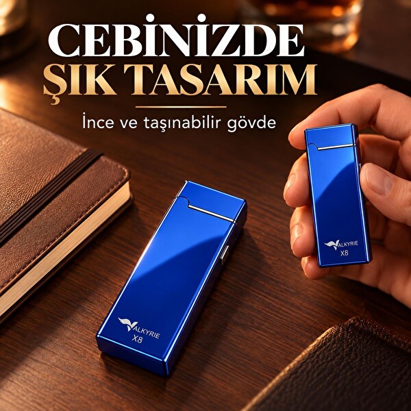Valkyrie X8 USB Şarjlı Elektronik Ark Çakmak Alevsiz Rüzgara Dayanıklı Metalik Mavi