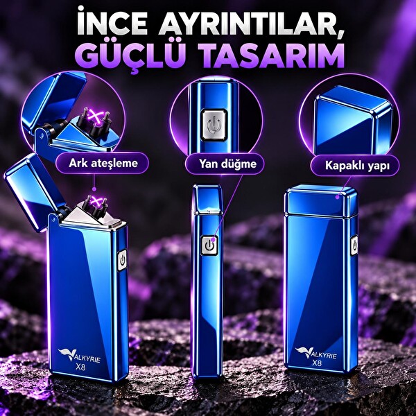 Valkyrie X8 USB Şarjlı Elektronik Ark Çakmak Alevsiz Rüzgara Dayanıklı Metalik Mavi