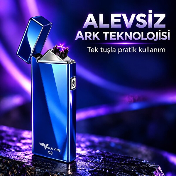 Valkyrie X8 USB Şarjlı Elektronik Ark Çakmak Alevsiz Rüzgara Dayanıklı Metalik Mavi