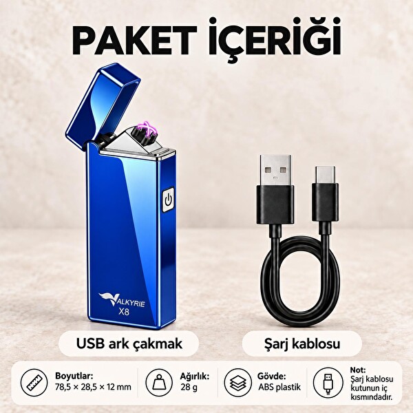 Valkyrie X8 USB Şarjlı Elektronik Ark Çakmak Alevsiz Rüzgara Dayanıklı Metalik Mavi