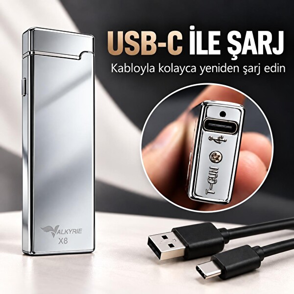 Valkyrie X8 USB Şarjlı Elektronik Ark Çakmak Alevsiz Rüzgara Dayanıklı Metalik Gümüş