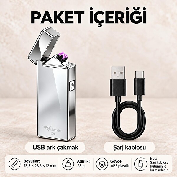 Valkyrie X8 USB Şarjlı Elektronik Ark Çakmak Alevsiz Rüzgara Dayanıklı Metalik Gümüş