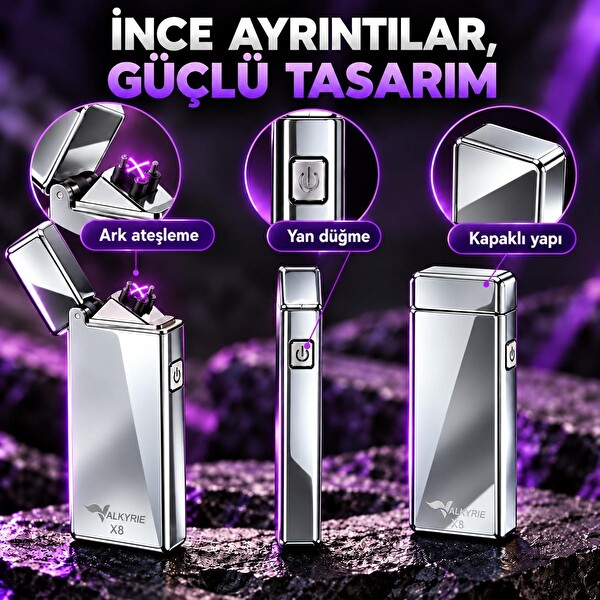 Valkyrie X8 USB Şarjlı Elektronik Ark Çakmak Alevsiz Rüzgara Dayanıklı Metalik Gümüş