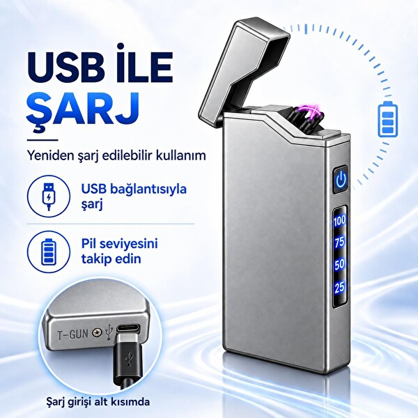 Valkyrie X9 USB Şarjlı Elektronik Ark Çakmak Pil Göstergeli Alevsiz Rüzgara Dayanıklı Gümüş