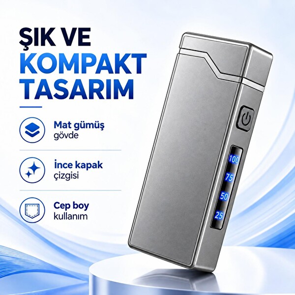 Valkyrie X9 USB Şarjlı Elektronik Ark Çakmak Pil Göstergeli Alevsiz Rüzgara Dayanıklı Gümüş