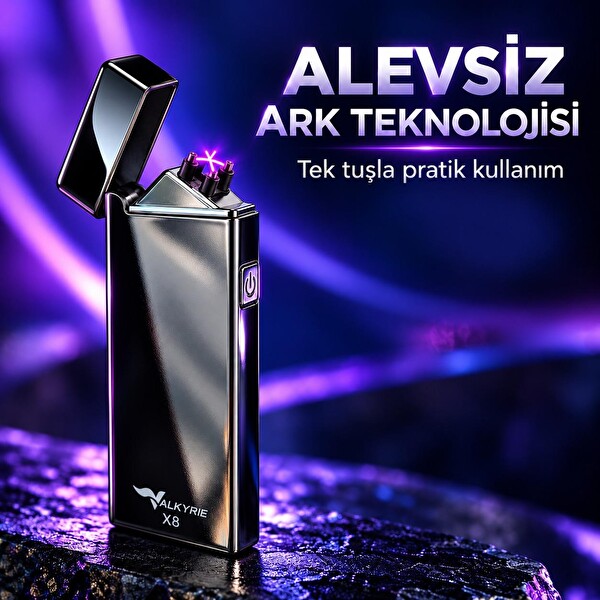 Valkyrie X8 USB Şarjlı Elektronik Ark Çakmak Alevsiz Rüzgara Dayanıklı Metalik Siyah