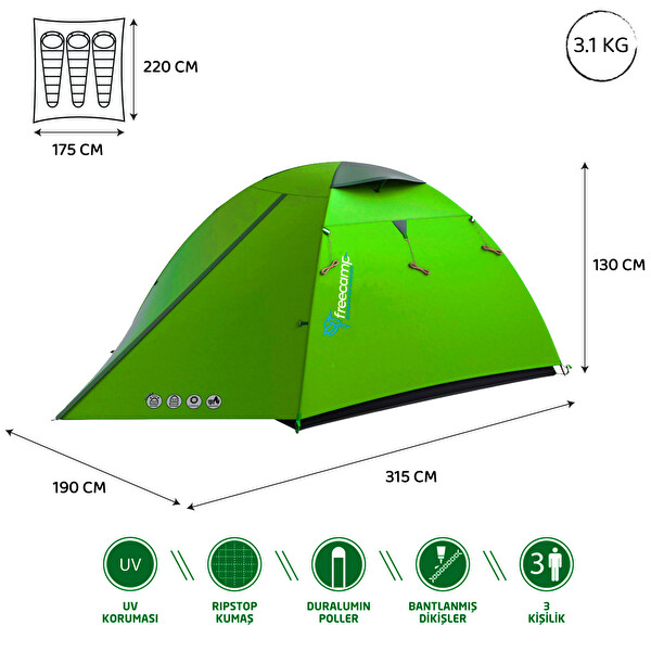 Freecamp Beast 3 Mevsim 3 Kişilik Açık Yeşil Kamp Çadırı