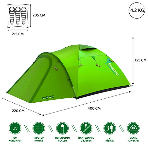Freecamp Baron 3 - 4 Mevsim 3 Kişilik Açık Yeşil Kamp Çadırı