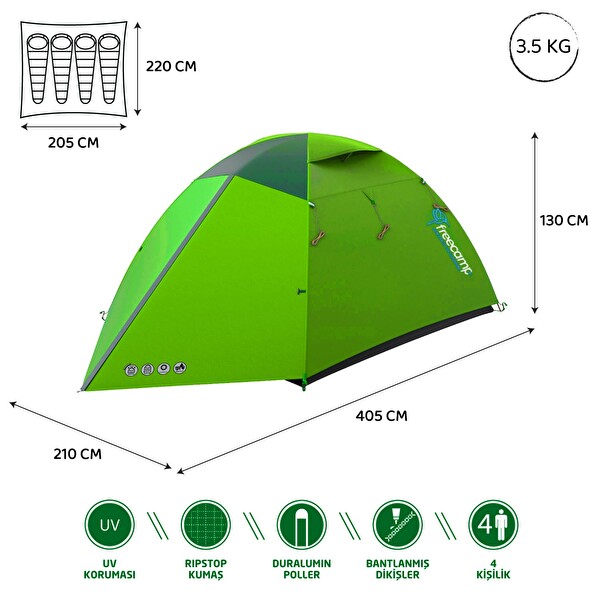 Freecamp Bright 4 - 3 Mevsim 4 Kişilik Açık Yeşil Kamp Çadırı