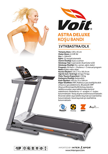 Voit Astra Deluxe 2.5 Hp AV Otomatik Eğimli Geniş Yürüyüş Alanlı Koşu Bandı