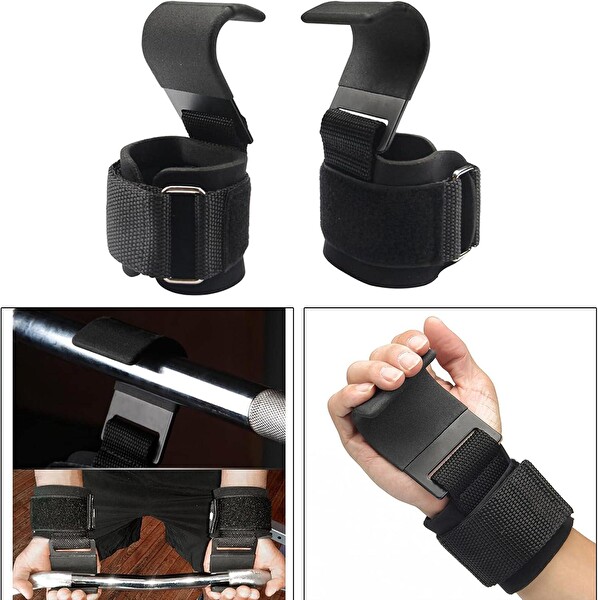 Valkyrie Ağırlık Kaldırma Kancası Tutma Yardımcısı Bar Fitness Bilekliği Lifting Hooks Straps Siyah - 2 Adet