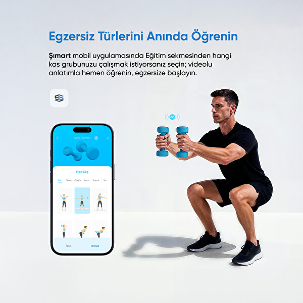 Şımart Akıllı Dambıl 2x1Kg Uygulama Destekli Sesli Yönlendirmeli LCD Ekranlı