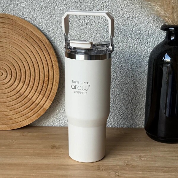 Arow H-206 Taşıma Kulplu Pipetli Kupa Matara 750 ML Beyaz