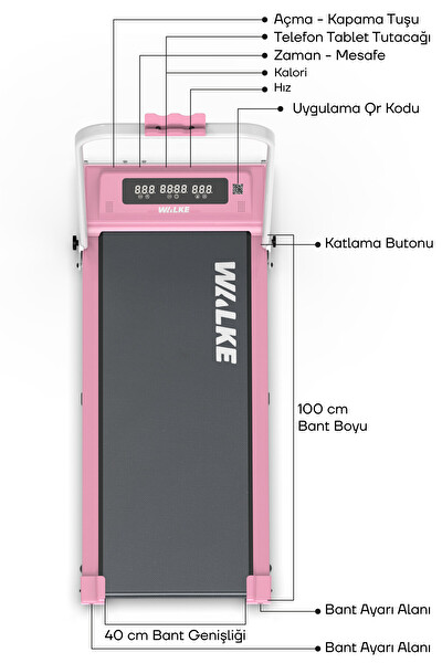 Walke W-Fit Pink Bluetoothlu Uygulama Destekli Uzaktan Kumandalı Koşu ve Yürüyüş Bandı Pembe