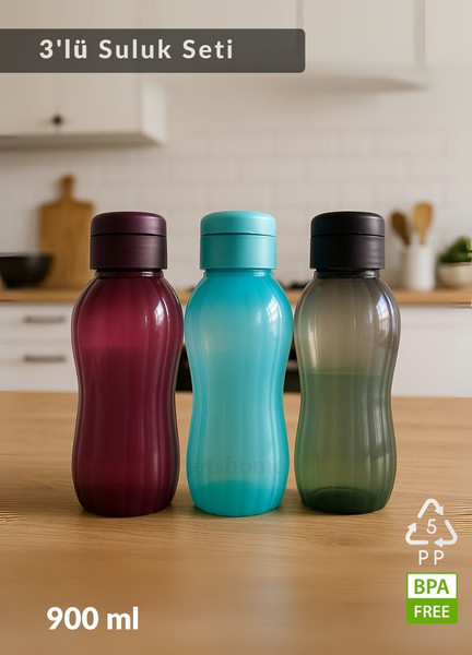Jet's Home Suluk 3'lü Set Su Şişesi Bpa Free Okul Suluğu PP-5 Suluk Spor Okul Ofis Suluğu Siyah-Bordo-Mavi 900 ML