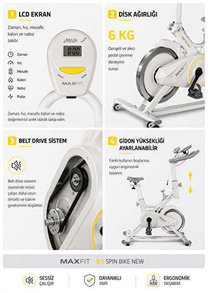 Max Fit S1 Spinbike Direnç Ayarlı Nabız Ölçerli Ayarlanabilir Sele ve Gidon