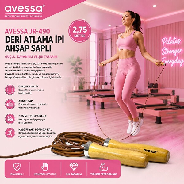 Avessa JR-490 Ahşap Saplı Deri Atlama İpi