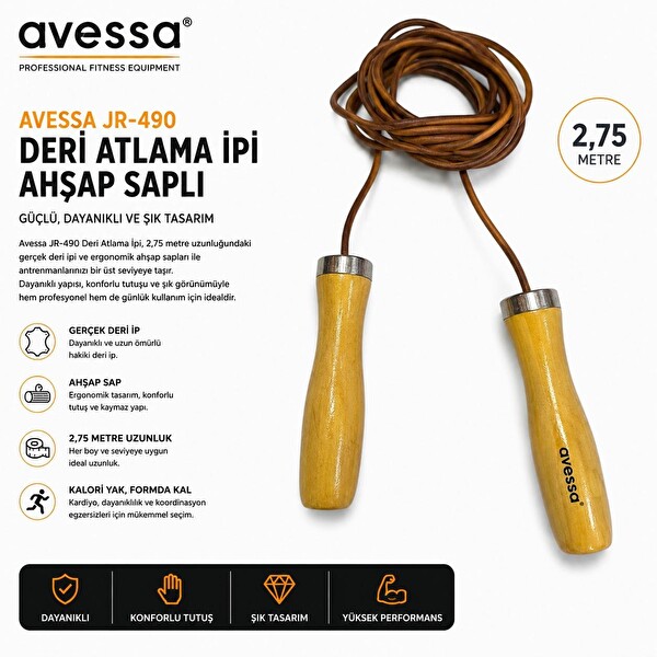 Avessa JR-490 Ahşap Saplı Deri Atlama İpi