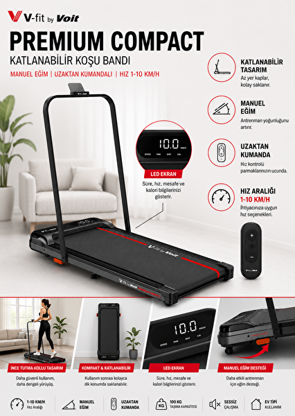 Voit Premium Compact Manuel Eğimli ve Uzaktan Kumandalı Katlanabilir Koşu Bandı
