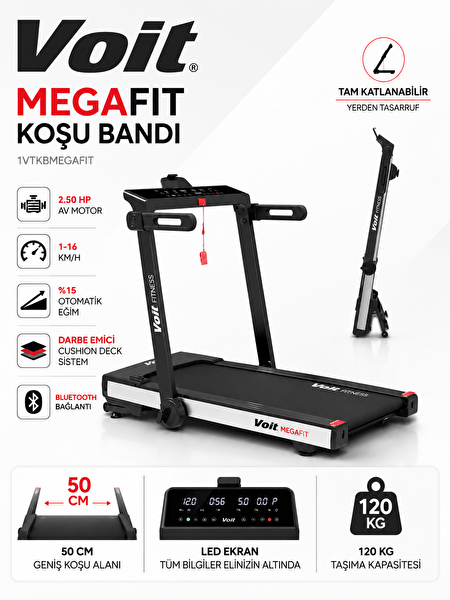 Voit Mega Fit Otomatik Eğimli 50x125 CM 16 KM Hız Bluetooth Uygulama Geniş Bant Koşu Bandı