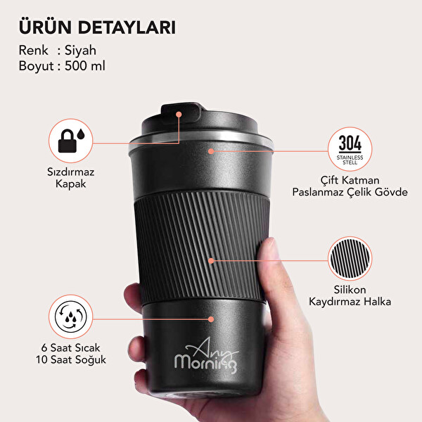Any Morning 500 ML Paslanmaz Çelik Kaymaz Silikon Halkalı Sızdırmaz Siyah Termos BA21549