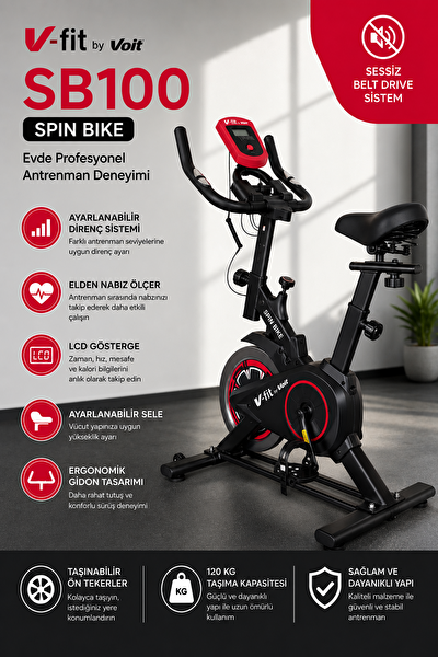 VFit Voit Garantili SB100 Pro Elden Nabız Ölçer Direnci Ayarlanabilir Sessiz Çalışır Spinning Bisikleti