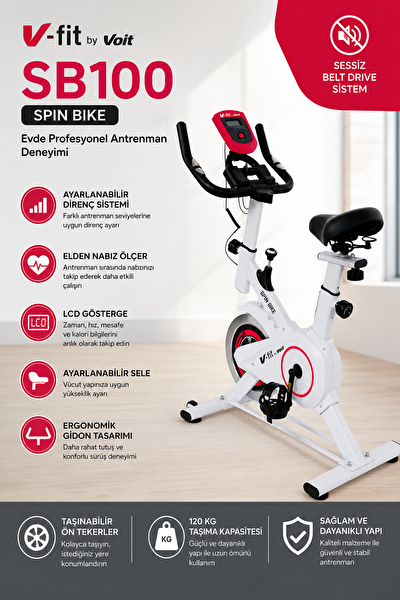 VFit SB100 Pro Elden Nabız Ölçer Direnci Ayarlanabilir Beyaz Spinning Bisikleti
